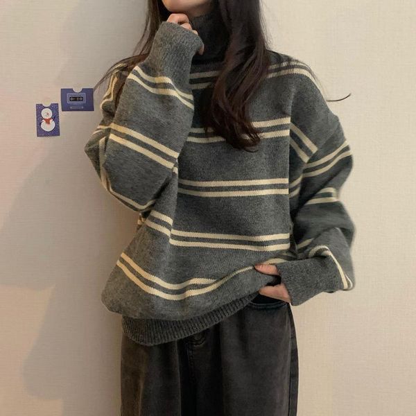 women's sweaters autumn and winter languid style loose thickened striped high neck medium length long sleeve sweater for women, White;black
women's sweaters autumn and winter languid style loose thickened striped high neck medium length long sleeve sweater for women, White;black