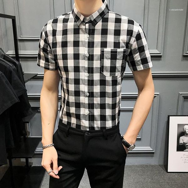 men's casual shirts summer student plaid shirt men fashion slim fit short sleeve dress camisa masculina streetwear social clothing1, White;black
men's casual shirts summer student plaid shirt men fashion slim fit short sleeve dress camisa masculina streetwear social clothing1, White;black