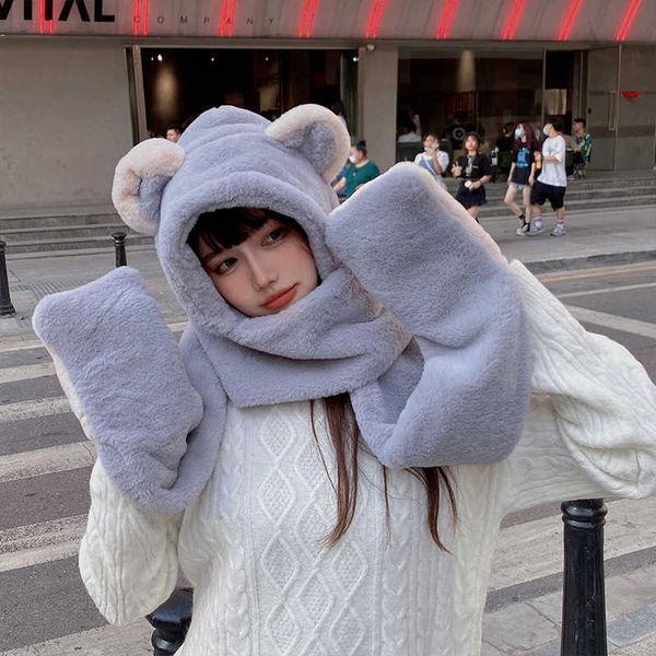 winter bear hat glov three piece set lovely female warm thickened plush scarf, Blue;gray
winter bear hat glov three piece set lovely female warm thickened plush scarf, Blue;gray