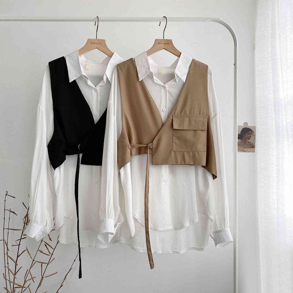 women's blouses & shirts autumn fashion all-match solid color slimming shirt + pocket vest jacket two-piece suit women geth, White
women's blouses & shirts autumn fashion all-match solid color slimming shirt + pocket vest jacket two-piece suit women geth, White