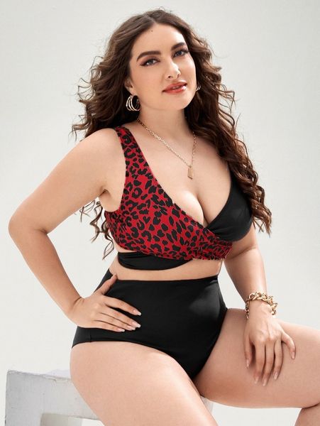 plus leopard wrap bikini swimsuit s5ex#, Black