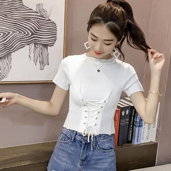 women's t-shirt summer knitted shirt lace up crop female women o neck short sleeve t, White
women's t-shirt summer knitted shirt lace up crop female women o neck short sleeve t, White