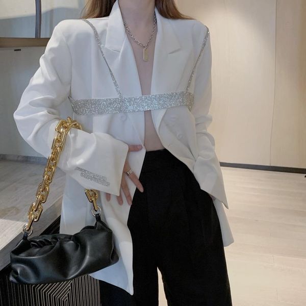 spring and autumn french temperament with diamond vests loose mid-length white suit jackets women fashion streetwear 2021 women's suits, White;black
spring and autumn french temperament with diamond vests loose mid-length white suit jackets women fashion streetwear 2021 women's suits, White;black