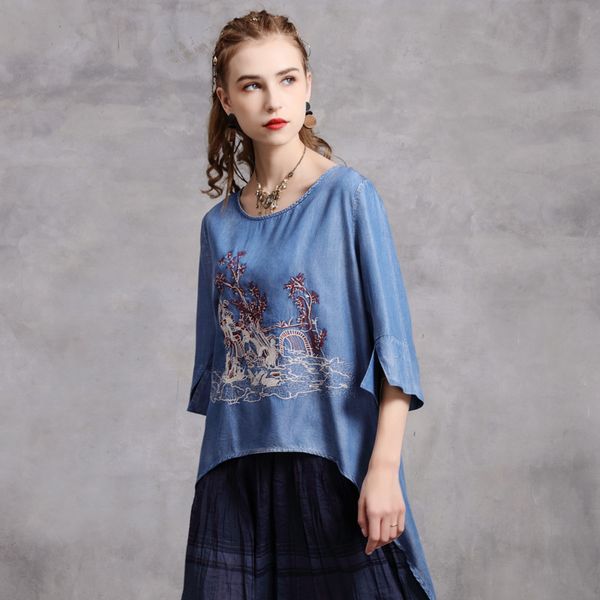 johnature women embroidery vintage t-shirts o-neck seven sleeve denim blue autumn chinese style irregular female t-shirts 210521, White
johnature women embroidery vintage t-shirts o-neck seven sleeve denim blue autumn chinese style irregular female t-shirts 210521, White
