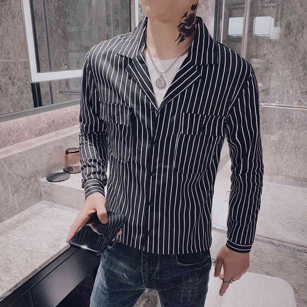men's casual shirts primavera nova moda masculina listrado camisas de manga longa frente bolsos duplos turn down collar magro ajuste bl, White;black
men's casual shirts primavera nova moda masculina listrado camisas de manga longa frente bolsos duplos turn down collar magro ajuste bl, White;black