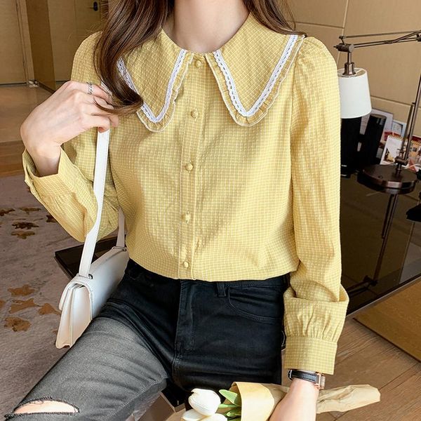 women's blouses & shirts vintage yellow plaid button up shirt women korean fashion autumn lace collar long sleeve casual blouse office, White
women's blouses & shirts vintage yellow plaid button up shirt women korean fashion autumn lace collar long sleeve casual blouse office, White