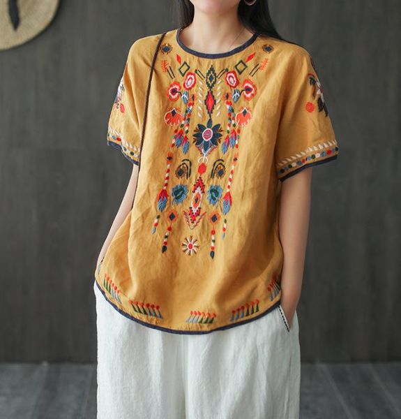 summer embroidered linen shirt retro art loose blouse women's clothing shirts short sleeved cotton blusas mujer blouses &, White 
summer embroidered linen shirt retro art loose blouse women's clothing shirts short sleeved cotton blusas mujer blouses &, White