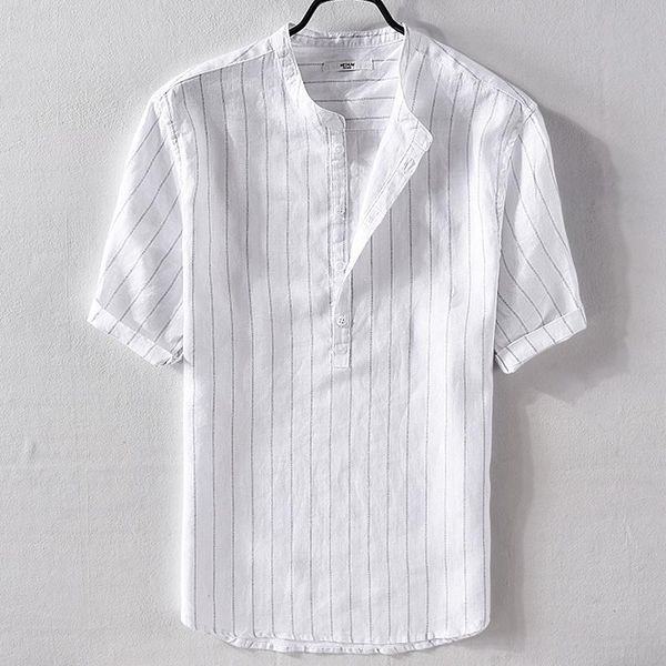 japanese men's striped casual linen short-sleeved shirt loose breathable male stand collar fashion shirts men chemise, White;black
japanese men's striped casual linen short-sleeved shirt loose breathable male stand collar fashion shirts men chemise, White;black