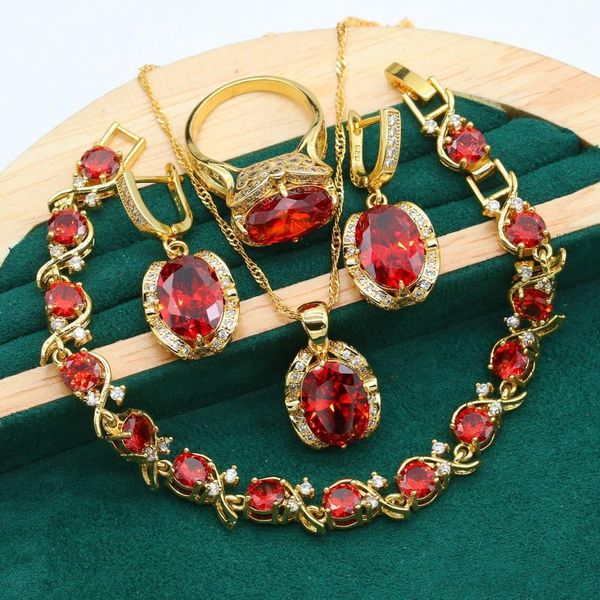 earrings & necklace exquisite red zircon gold color wedding jewelry set for women party bracelet pendant ring christmas gift, Silver
earrings & necklace exquisite red zircon gold color wedding jewelry set for women party bracelet pendant ring christmas gift, Silver