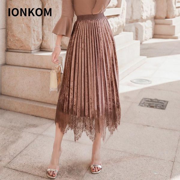 skirts ionkom contrast lace hem mesh women elastic high waist pleated maxi tulle skirt spring autumn female casual clothes, Black