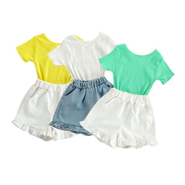 pieces kids suit set children girls solid color round neck short sleeve ribbed + ruffled shorts for summer 2-6 years clothing sets, White
pieces kids suit set children girls solid color round neck short sleeve ribbed + ruffled shorts for summer 2-6 years clothing sets, White
