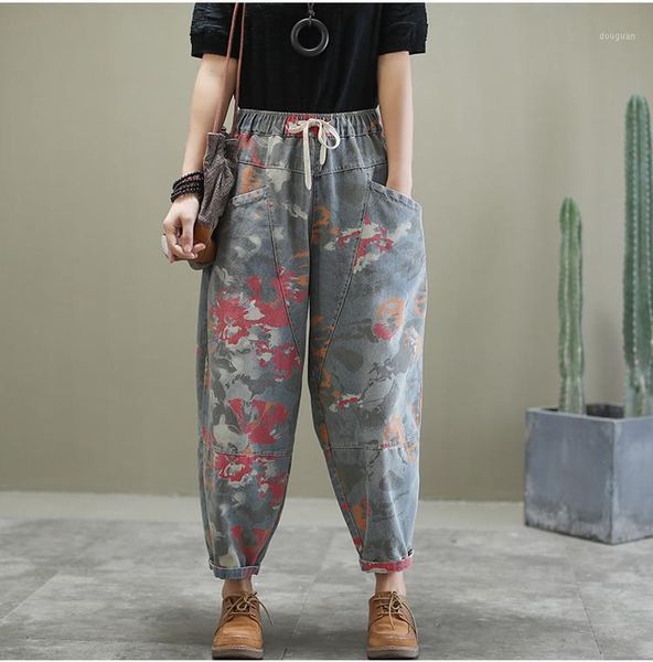 women's pants & capris spring denim bloomers women retro loose elastic waist nine points printed, Black;white
women's pants & capris spring denim bloomers women retro loose elastic waist nine points printed, Black;white