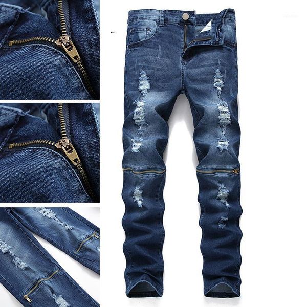 men's jeans distressed retro personality pants ripped slim feet men handsome korean version, Blue
men's jeans distressed retro personality pants ripped slim feet men handsome korean version, Blue