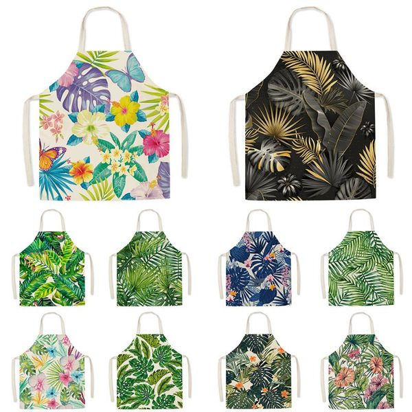 aprons tropical leaves print linen apron kitchen women baking waist bib home cooking brief sleeveless pinafore