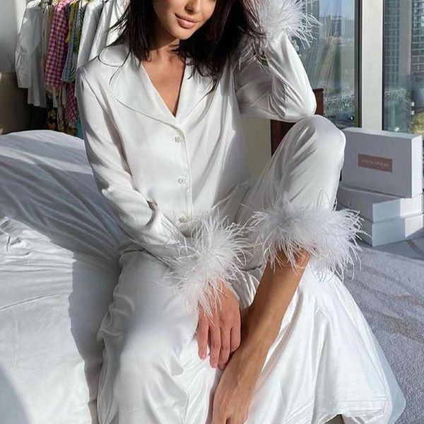 women's two piece pants fashion fall chic feather detail lounge suits women long sleeve button up & slim set, White
women's two piece pants fashion fall chic feather detail lounge suits women long sleeve button up & slim set, White