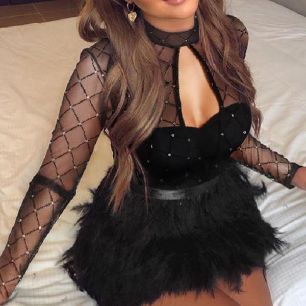 women mesh see through long sleeve dress clubwear fur patchwork trutleneck bandage bodycon evening party short mini dresses, White;black
women mesh see through long sleeve dress clubwear fur patchwork trutleneck bandage bodycon evening party short mini dresses, White;black