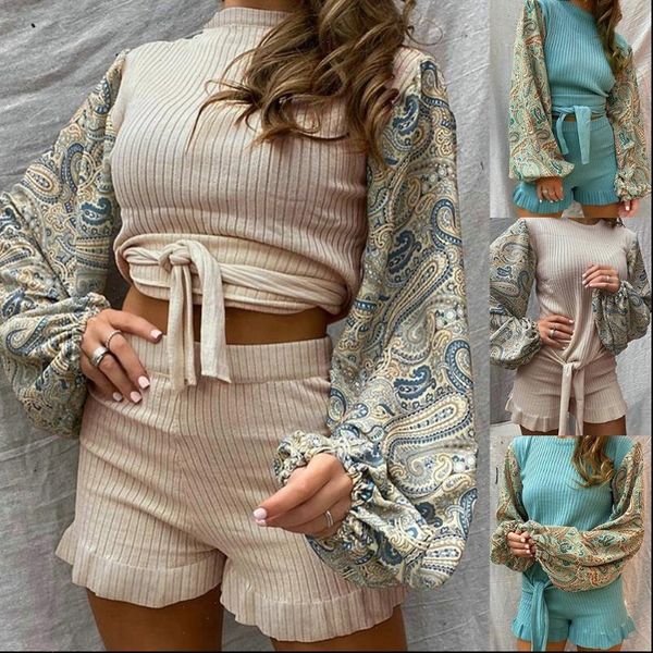 autumn ribbed 2 pieces outfits womens pants paisley print lantern long sleeve tie front pullover crop ruffles shorts pajamas, White
autumn ribbed 2 pieces outfits womens pants paisley print lantern long sleeve tie front pullover crop ruffles shorts pajamas, White