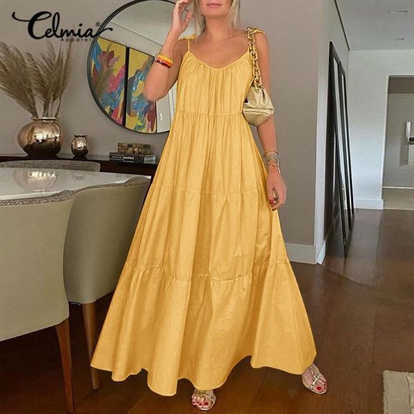 women spaghetti strap maxi dress celmia 2021 summer sleeveless bohemian beach sundress casual solid ruffles long vestidos dresses, Black;gray
women spaghetti strap maxi dress celmia 2021 summer sleeveless bohemian beach sundress casual solid ruffles long vestidos dresses, Black;gray