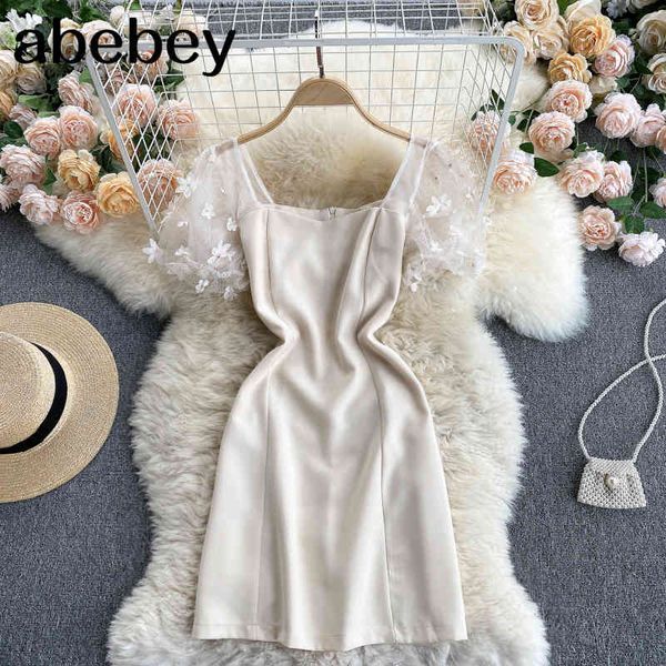 women elegant french dress retro square collar puff sleeve solid slim summer fashion streetwear split midi 210512, Black;gray
women elegant french dress retro square collar puff sleeve solid slim summer fashion streetwear split midi 210512, Black;gray