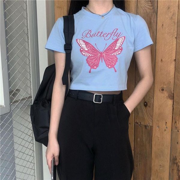 women's t-shirt butterfly printed t shirts round neck student short-sleeved summer korean short-cut navel bottoming shirt, White
women's t-shirt butterfly printed t shirts round neck student short-sleeved summer korean short-cut navel bottoming shirt, White