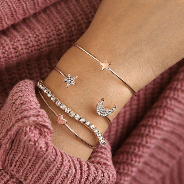 hand catenary fashion simple classic women's diamond inlaid moon five pointed star love claw chain open bracelet 4-piece set, Golden;silver
hand catenary fashion simple classic women's diamond inlaid moon five pointed star love claw chain open bracelet 4-piece set, Golden;silver
