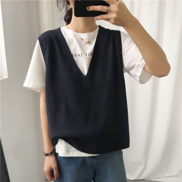 spring temperament large v-neck knitted vest simple loose color sleeveless top, White
spring temperament large v-neck knitted vest simple loose color sleeveless top, White