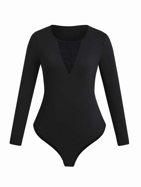 plus solid lace insert bodysuit s0wl#, Black 
plus solid lace insert bodysuit s0wl#, Black