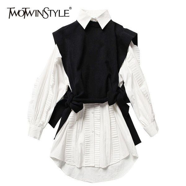 twotwinstyle two piece set female long sleeve white ruffle shirt dresses knitting lace up black vest korean womens dress suit 210407
twotwinstyle two piece set female long sleeve white ruffle shirt dresses knitting lace up black vest korean womens dress suit 210407