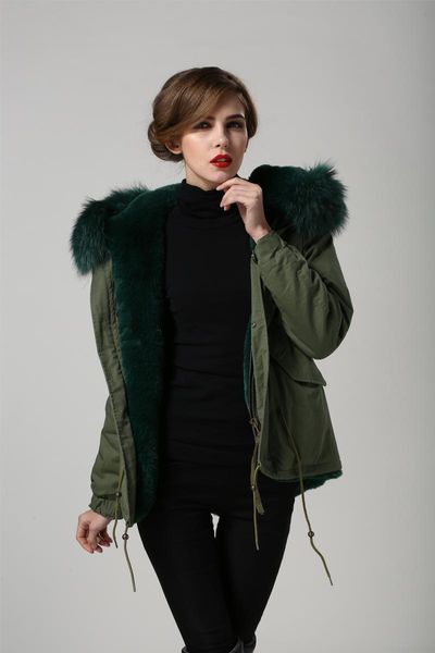 women's fur & faux winter army green parka with dark lining ladies coat for women big collar triming, Black
women's fur & faux winter army green parka with dark lining ladies coat for women big collar triming, Black