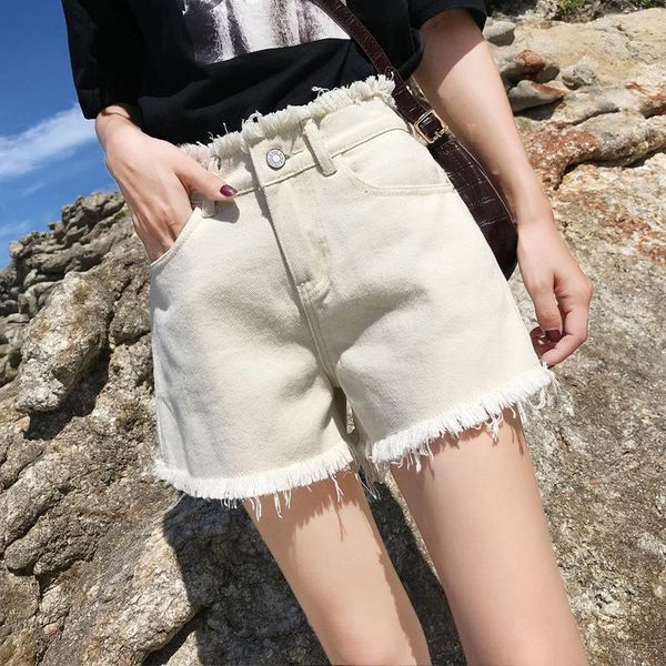women's shorts white jeans, high waist, wide, tassels, loose legs, street clothes, summer, White;black
women's shorts white jeans, high waist, wide, tassels, loose legs, street clothes, summer, White;black