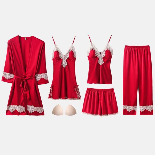 women's sleepwear lace pajamas robes sets women satin pants suits 5 pcs home wear nightwear bath gown autumn ladies sleep 2021, Black;red
women's sleepwear lace pajamas robes sets women satin pants suits 5 pcs home wear nightwear bath gown autumn ladies sleep 2021, Black;red