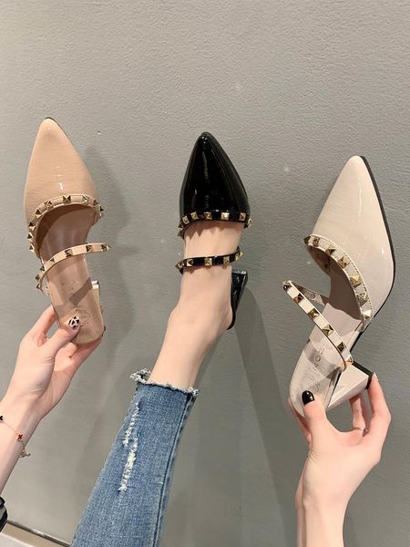 slippers shoes ladies' pointed toe square heel women heels med rivet luxury slides pantofle block high summer designer cover, Black
slippers shoes ladies' pointed toe square heel women heels med rivet luxury slides pantofle block high summer designer cover, Black