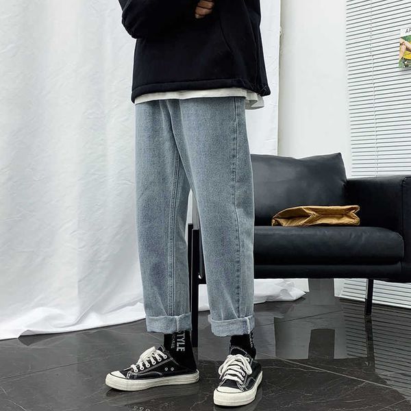 men's jeans men straight elastic waist teenager casual ankle-length mouth kpop clothes hip hop wide leg 2e4i e6ca, Blue