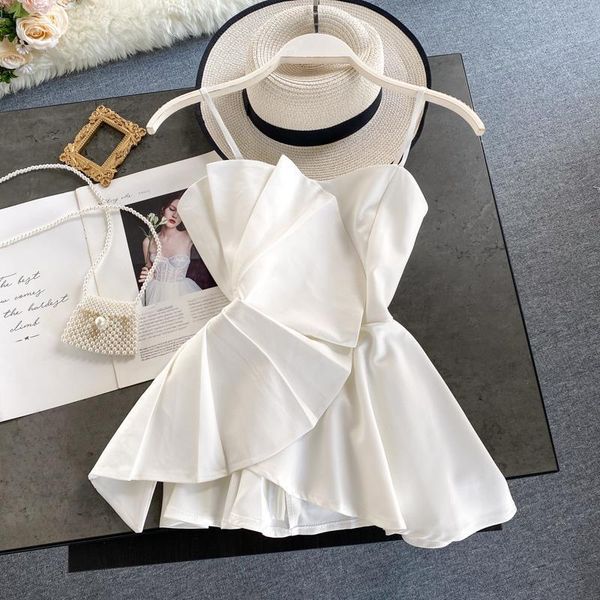 summer korean style solid womens shirts color ruffled irregular sling pleated waist ll957, White
summer korean style solid womens shirts color ruffled irregular sling pleated waist ll957, White
