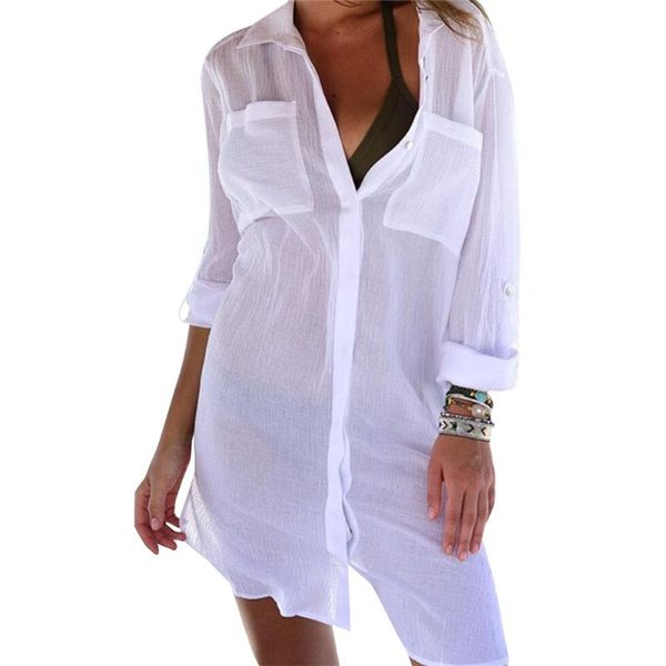 women's swimwear summer beach cover up solid color long-sleeved lapel mid-length shirt with two pocket, White;black
women's swimwear summer beach cover up solid color long-sleeved lapel mid-length shirt with two pocket, White;black