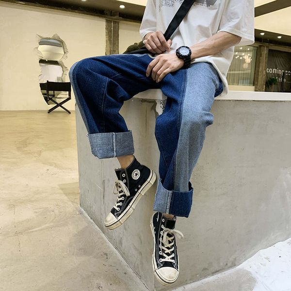 spring and summer youth men's loose contrast color stitching jeans fashion casual high waist straight pants, Blue
spring and summer youth men's loose contrast color stitching jeans fashion casual high waist straight pants, Blue