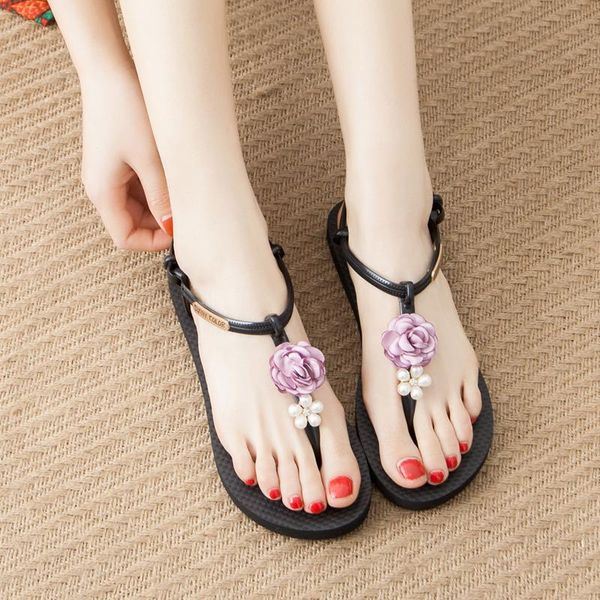 flower sandals women summer 2021 flat bohemian all-match beach shoes, Black