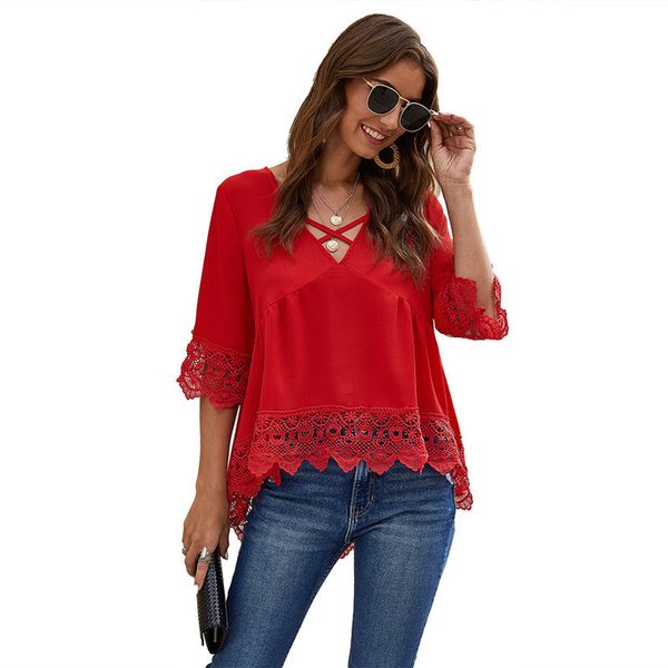 casual summer chiffon shirt five-point sleeve lady hollow lace loose chiffon female 2020 office red blouses female blusas x0521, White
casual summer chiffon shirt five-point sleeve lady hollow lace loose chiffon female 2020 office red blouses female blusas x0521, White