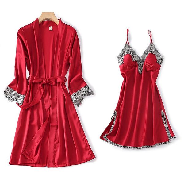women's sleepwear red satin 2pcs robe set kimono bathrobe gown nightdress twinset lace women nightgown home dress intimate lingerie, Black;red
women's sleepwear red satin 2pcs robe set kimono bathrobe gown nightdress twinset lace women nightgown home dress intimate lingerie, Black;red