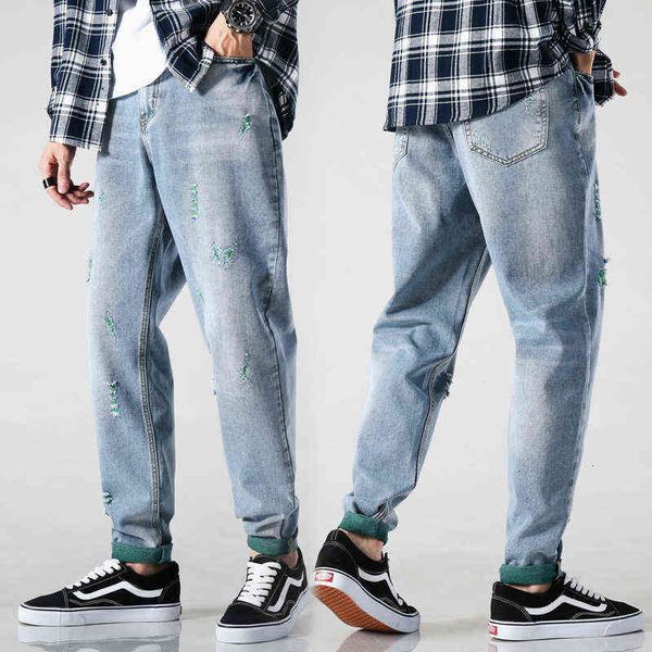 and spring summer 2021 japanese men's jeans hole pants youth harlan fashion loose middle waist pants, Blue
and spring summer 2021 japanese men's jeans hole pants youth harlan fashion loose middle waist pants, Blue