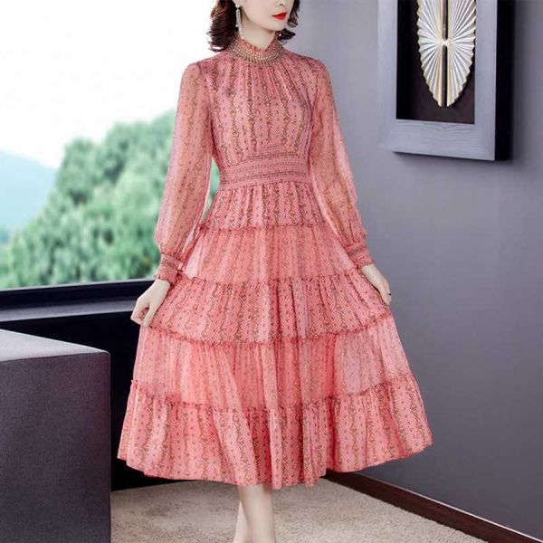 spring elegant stand collar ruffle dress long sleeve beaded female chiffon pleated vestidos 210531, Black;gray
spring elegant stand collar ruffle dress long sleeve beaded female chiffon pleated vestidos 210531, Black;gray