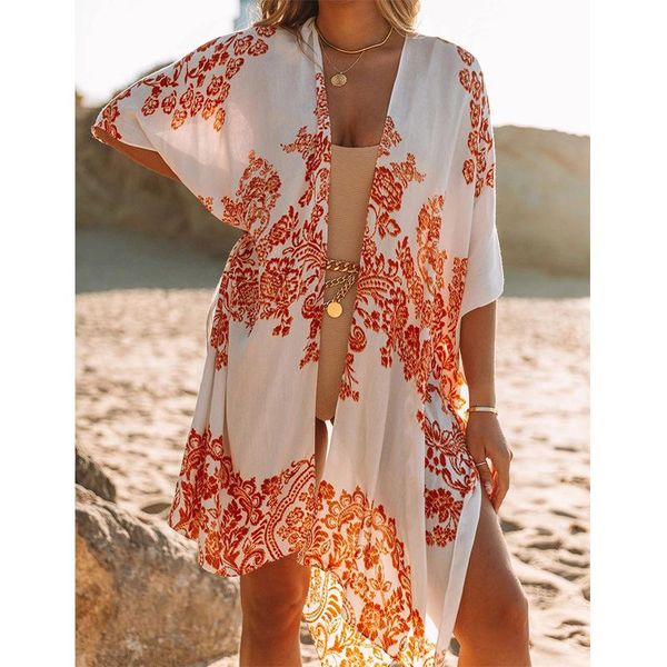 women's swimwear 2021 elegant women swimsuit boho cover up beach dress slit beachwear vintage print chiffon mid-length holiday, White;black
women's swimwear 2021 elegant women swimsuit boho cover up beach dress slit beachwear vintage print chiffon mid-length holiday, White;black