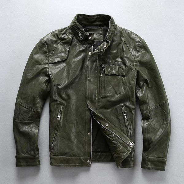 men's leather & faux fashion sheepskin genuine men with pockets slim fit biker jacket green stand collar real coat, Black
men's leather & faux fashion sheepskin genuine men with pockets slim fit biker jacket green stand collar real coat, Black