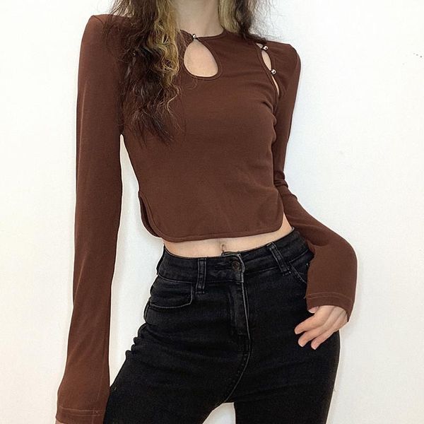women's t-shirt women cut out crop spring summer round neck button connected irregular hem streetwear long sleeves brown for, White
women's t-shirt women cut out crop spring summer round neck button connected irregular hem streetwear long sleeves brown for, White