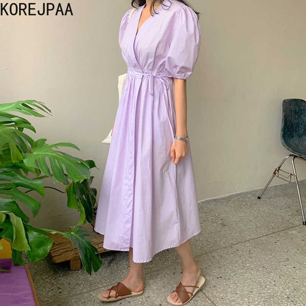 korejpaa women dress summer korean chic gentle v-neck crossover design high waist puff sleeve lace-up vestidos 210526, Black;gray