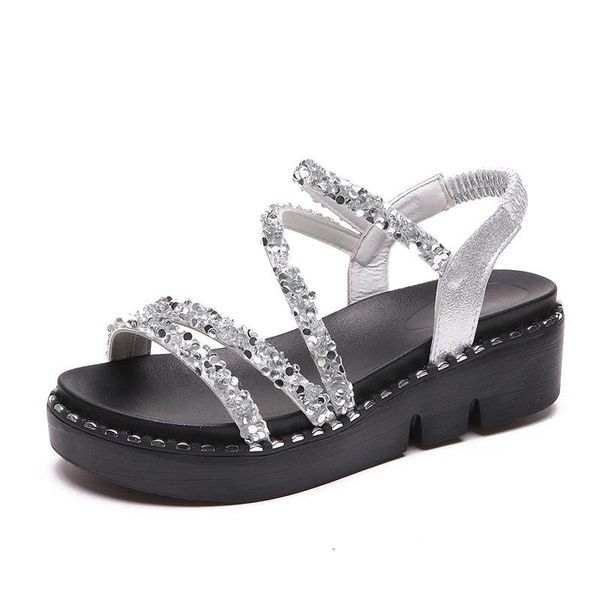 summer sandals women sequin muffin thick bottom high anti slip open toe front and back mixed with roman, Black 
summer sandals women sequin muffin thick bottom high anti slip open toe front and back mixed with roman, Black