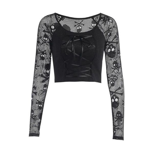women's t-shirt gothic black knitted y2k aesthetic punk skull mesh patchwork corset crop women autumn basic tees, White
women's t-shirt gothic black knitted y2k aesthetic punk skull mesh patchwork corset crop women autumn basic tees, White