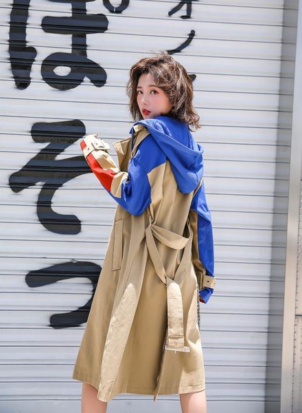 women's trench coats 2021 autumn clothes for knee-length loose hoodie windbreaker patchwork color waist with belt streetwear women coat, Tan;black
women's trench coats 2021 autumn clothes for knee-length loose hoodie windbreaker patchwork color waist with belt streetwear women coat, Tan;black