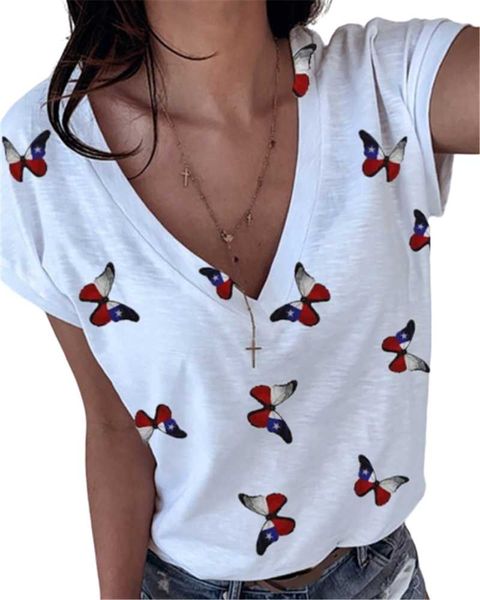 women's t-shirt butterfly print short sleeve women large size xs-5xl streetwear casual v-neck female shirts 2021 summer t shirt, White 
women's t-shirt butterfly print short sleeve women large size xs-5xl streetwear casual v-neck female shirts 2021 summer t shirt, White