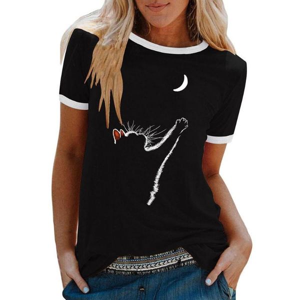 women's t-shirt cat moon print loose round neck short sleeve women b8t6, White 
women's t-shirt cat moon print loose round neck short sleeve women b8t6, White